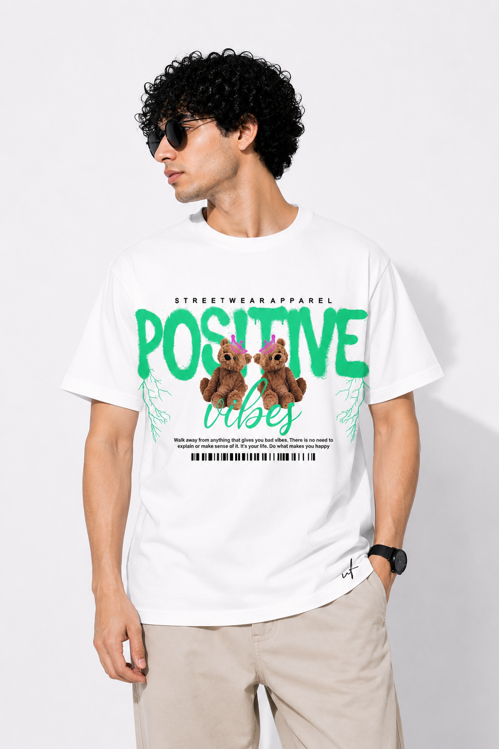 Positive Vibes Teddy Graphic T-Shirt – Minimal Streetwear White Tee