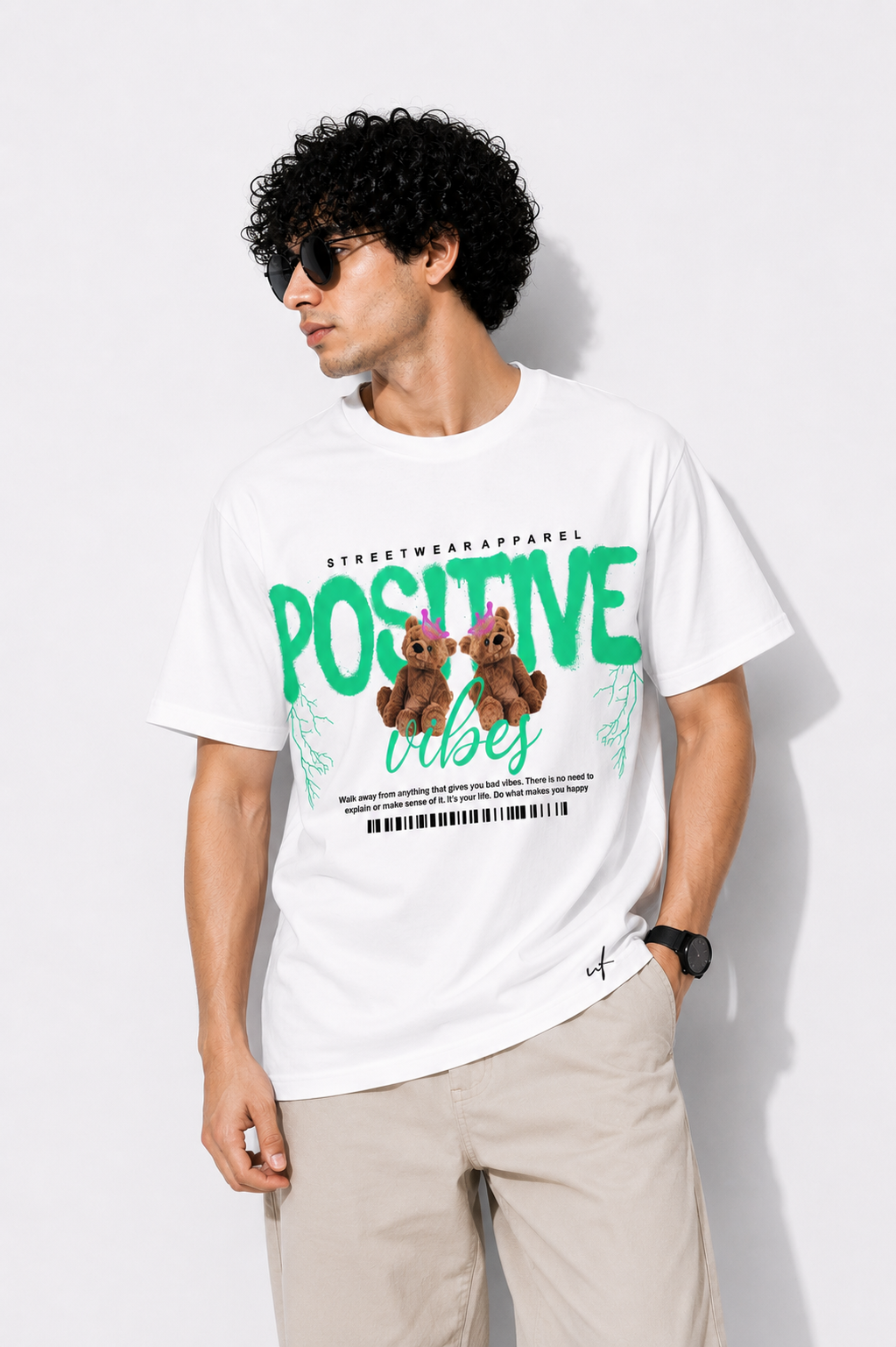 Positive Vibes Teddy Graphic T-Shirt – Minimal Streetwear White Tee