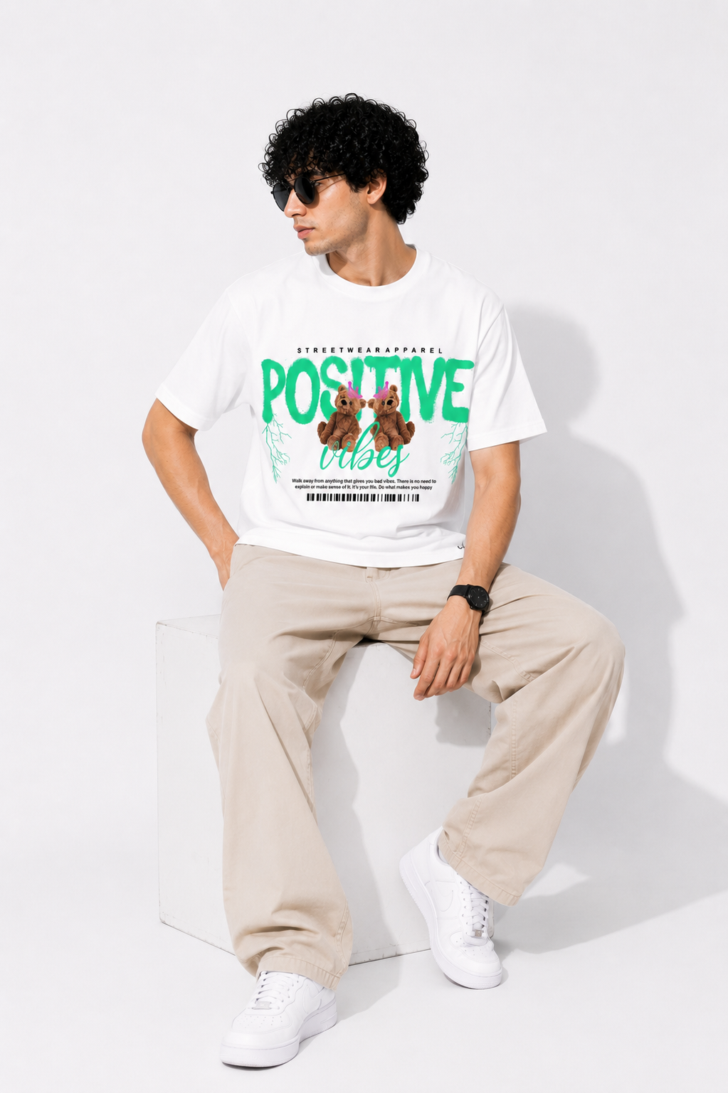 Positive Vibes Teddy Graphic T-Shirt – Minimal Streetwear White Tee