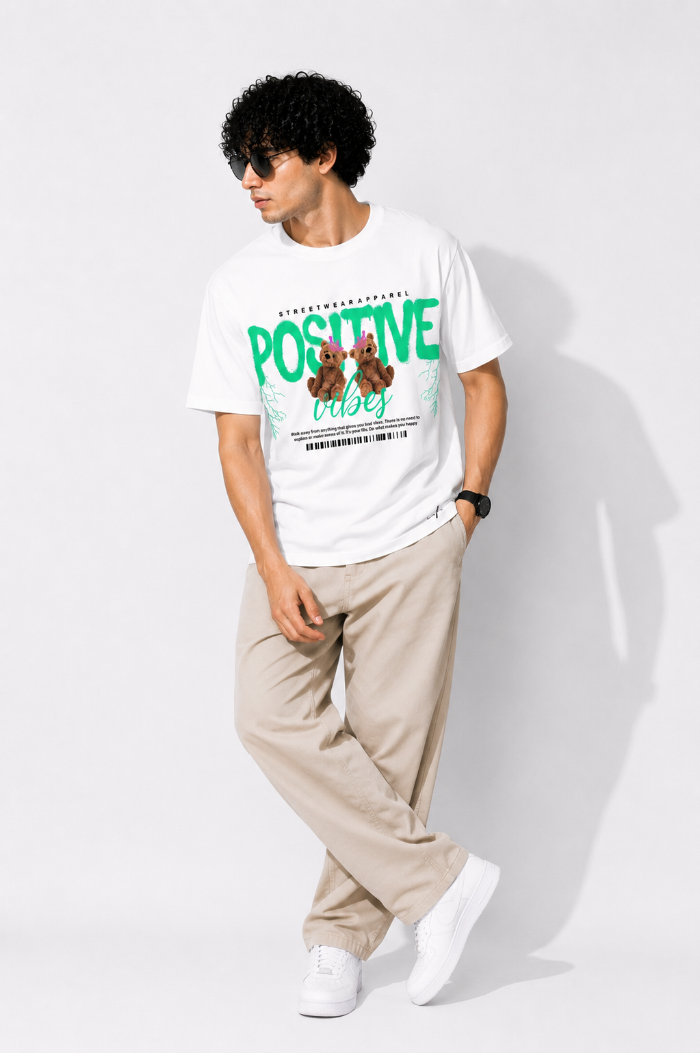 Positive Vibes Teddy Graphic T-Shirt – Minimal Streetwear White Tee