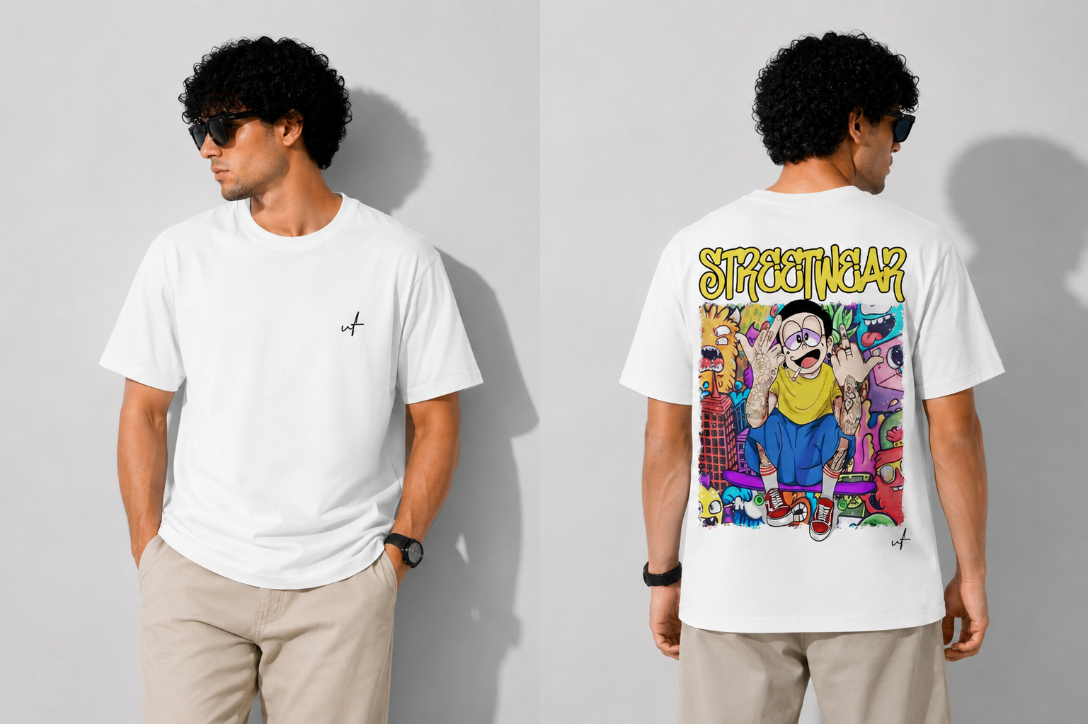 White Streetwear Graphic Oversized T-Shirt – Cartoon Graffiti Back Print Tee
