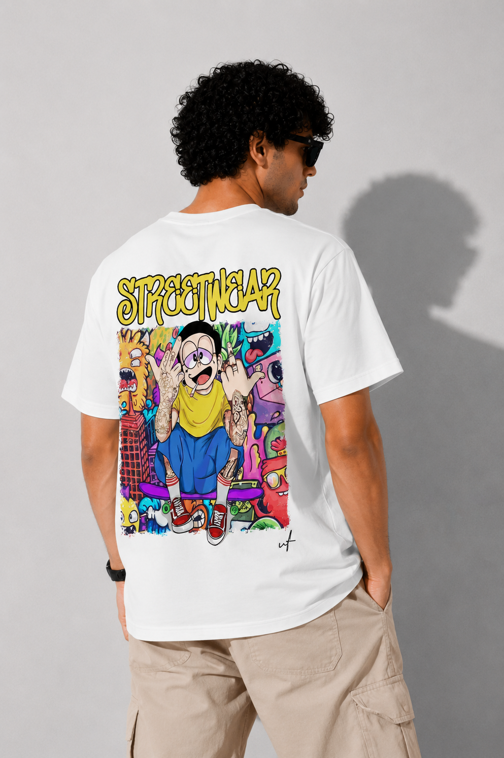 White Streetwear Graphic Oversized T-Shirt – Cartoon Graffiti Back Print Tee