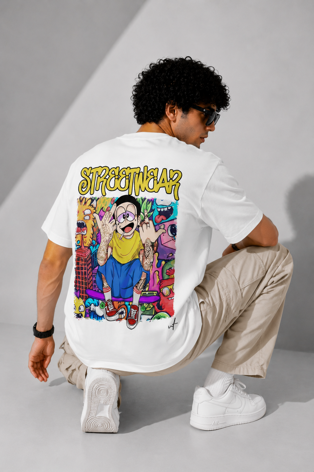 White Streetwear Graphic Oversized T-Shirt – Cartoon Graffiti Back Print Tee