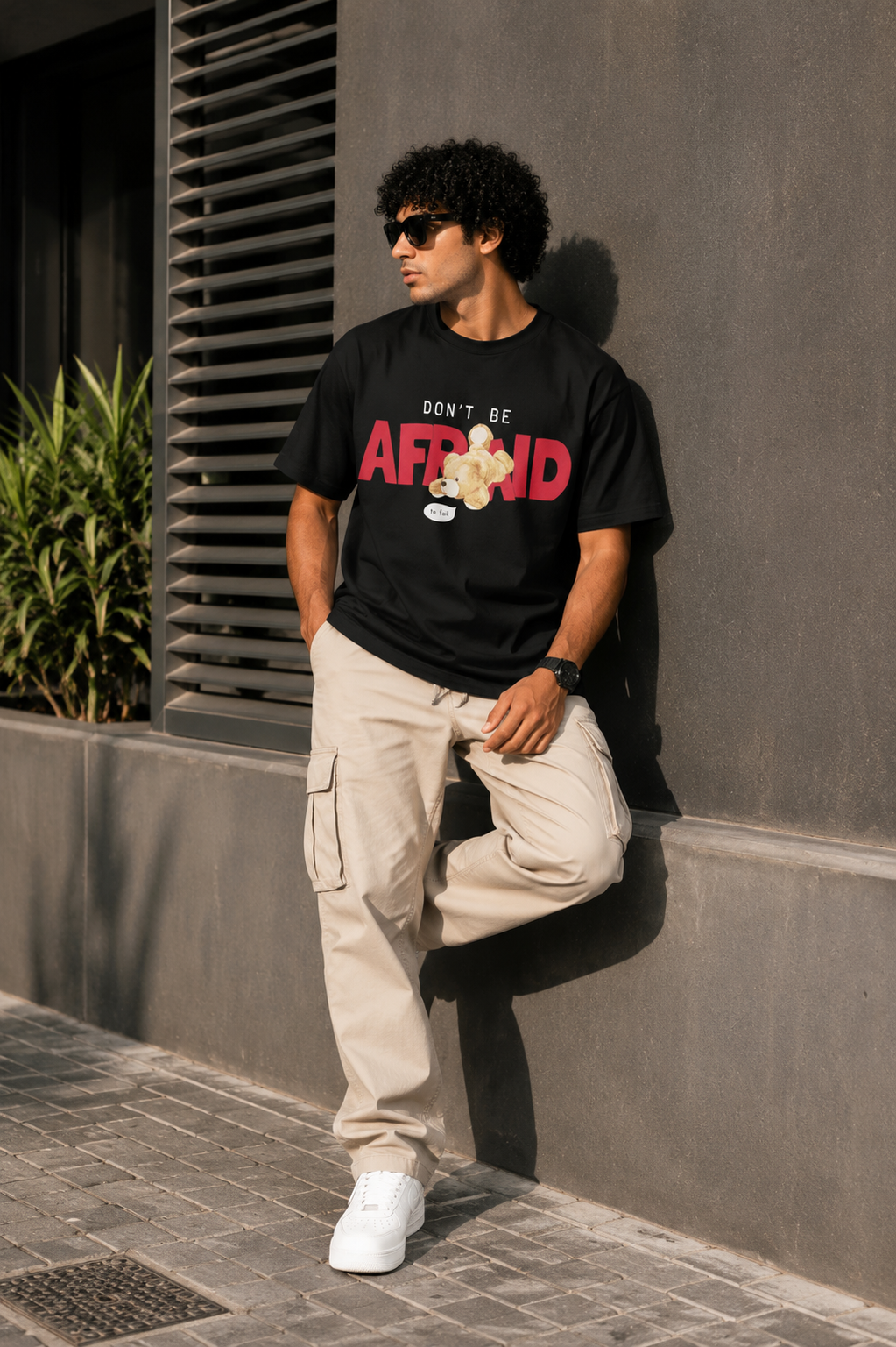 Don’t Be Afraid Graphic Oversized T-Shirt – Black Streetwear Teddy Print Tee