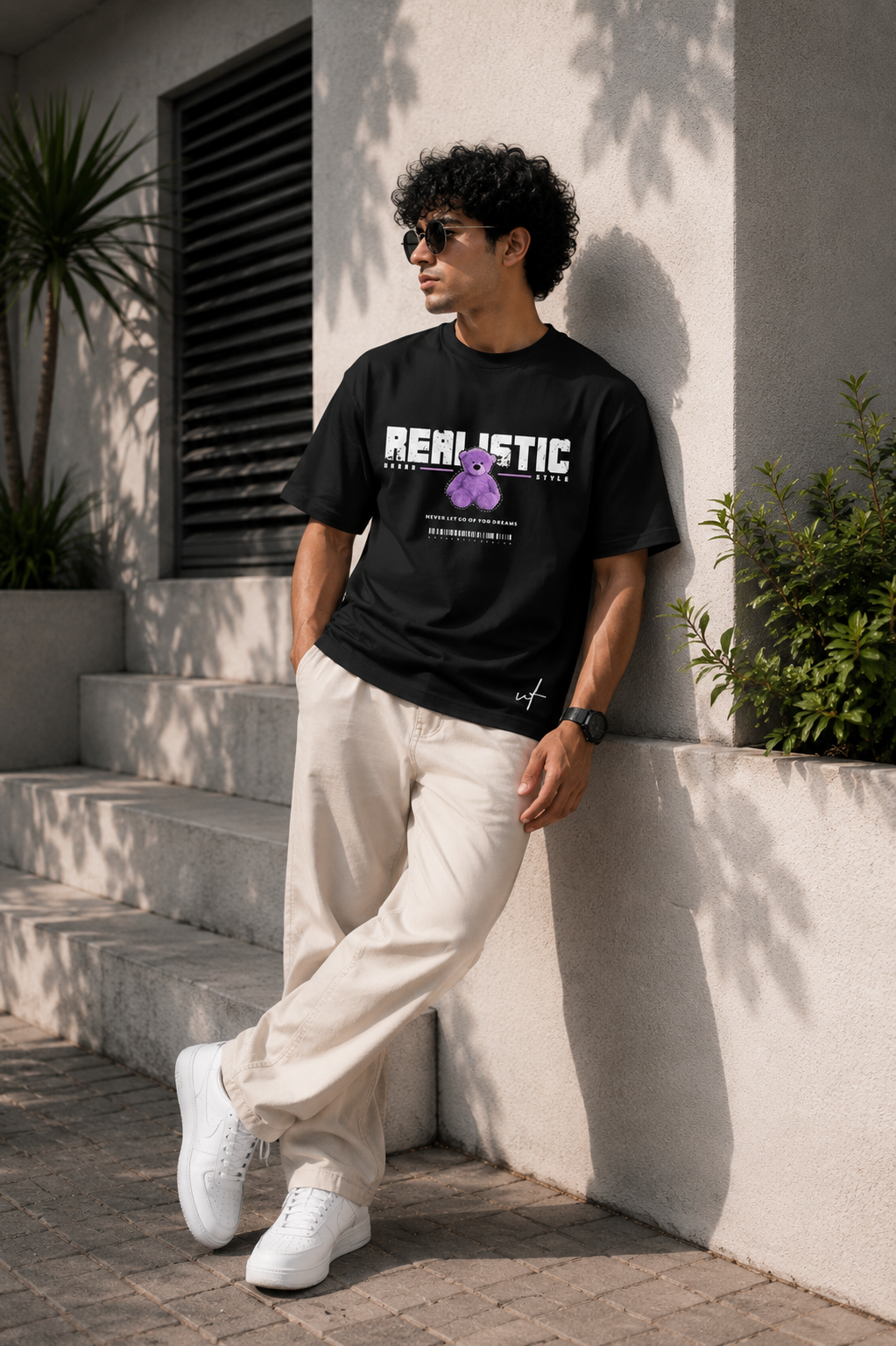 Black Oversized Graphic T-Shirt for Men – Realistic Purple Teddy Streetwear Tee
