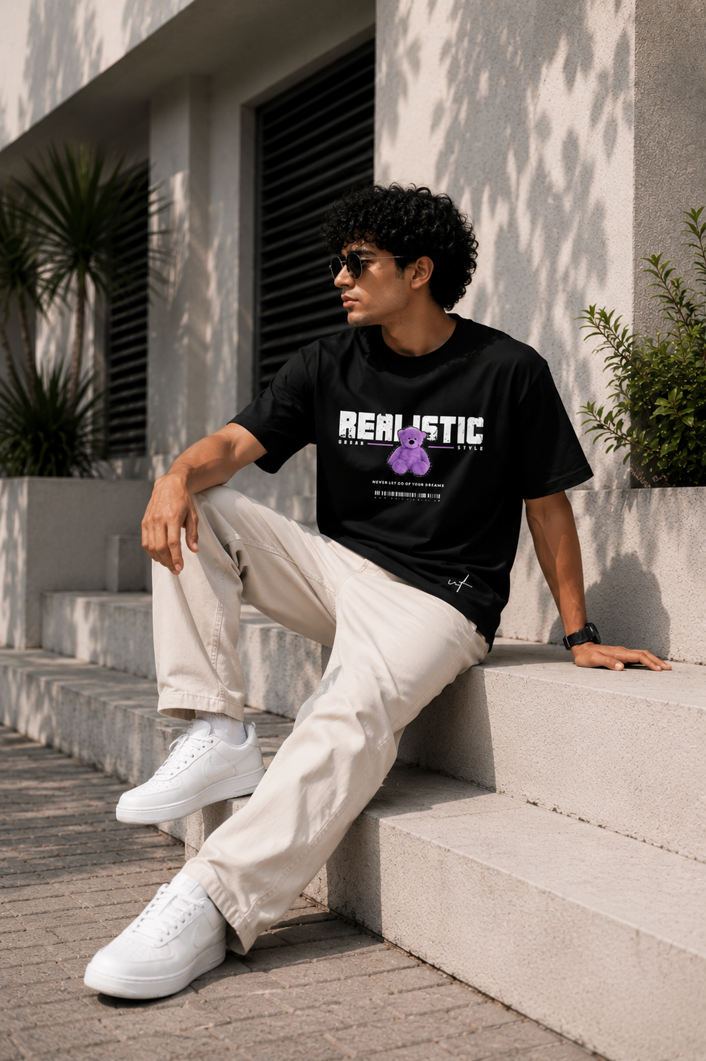 Black Oversized Graphic T-Shirt for Men – Realistic Purple Teddy Streetwear Tee