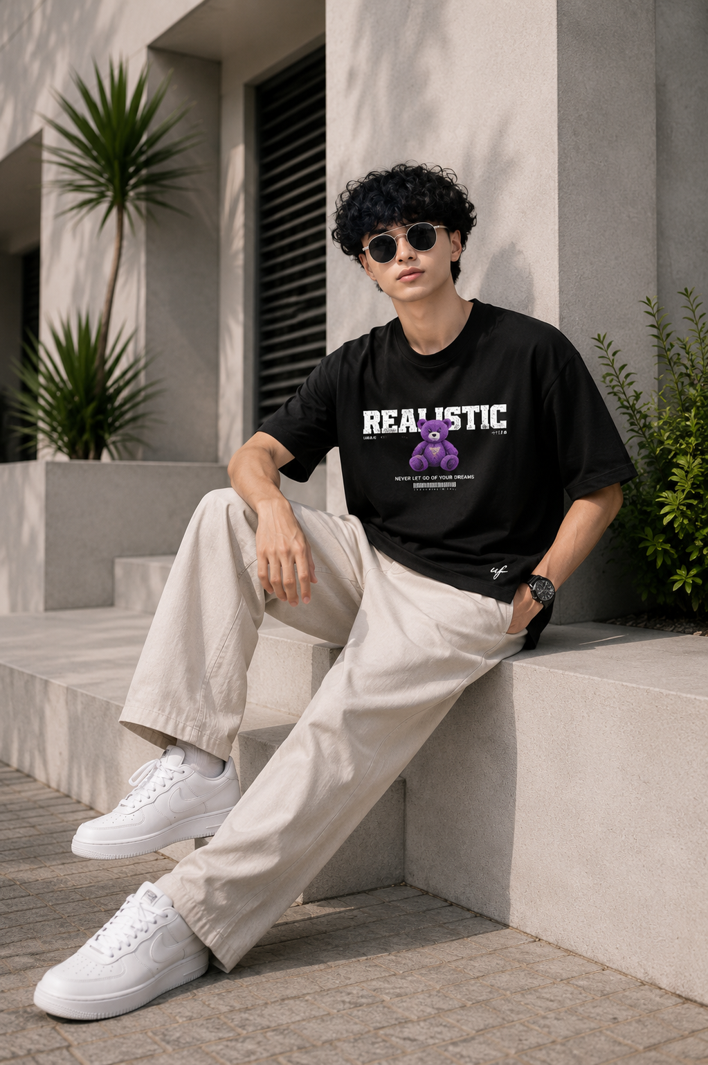 Black Oversized Graphic T-Shirt for Men – Realistic Purple Teddy Streetwear Tee