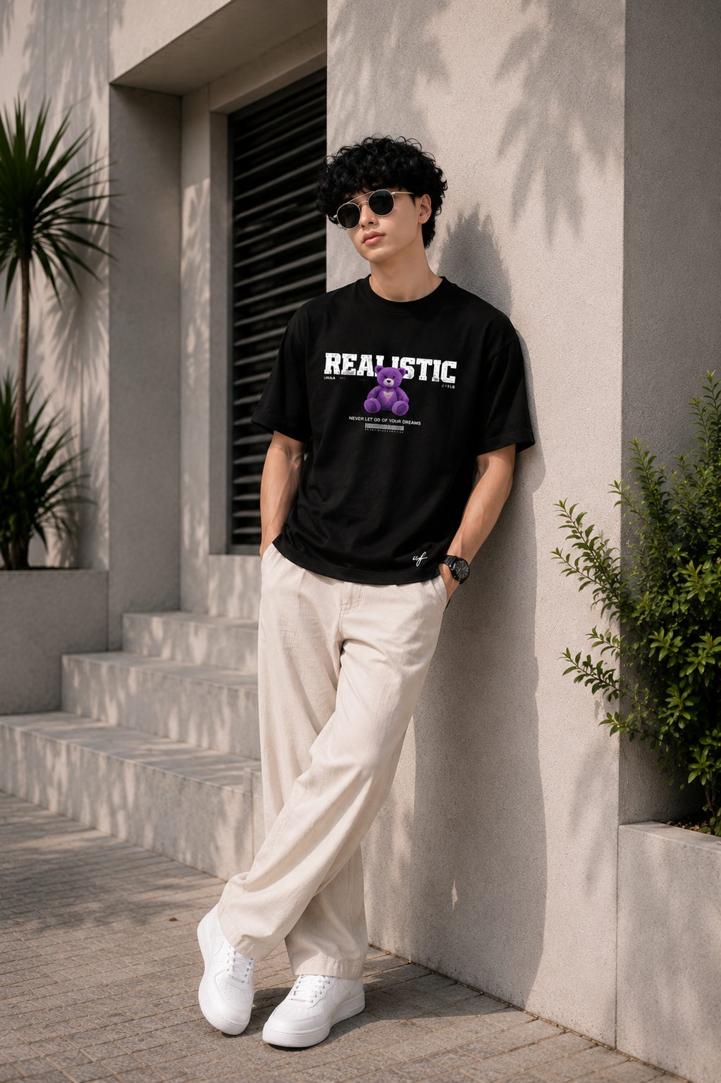 Black Oversized Graphic T-Shirt for Men – Realistic Purple Teddy Streetwear Tee