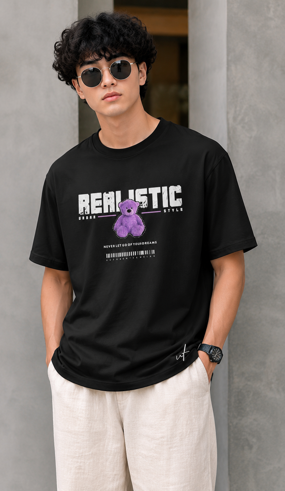 Black Oversized Graphic T-Shirt for Men – Realistic Purple Teddy Streetwear Tee