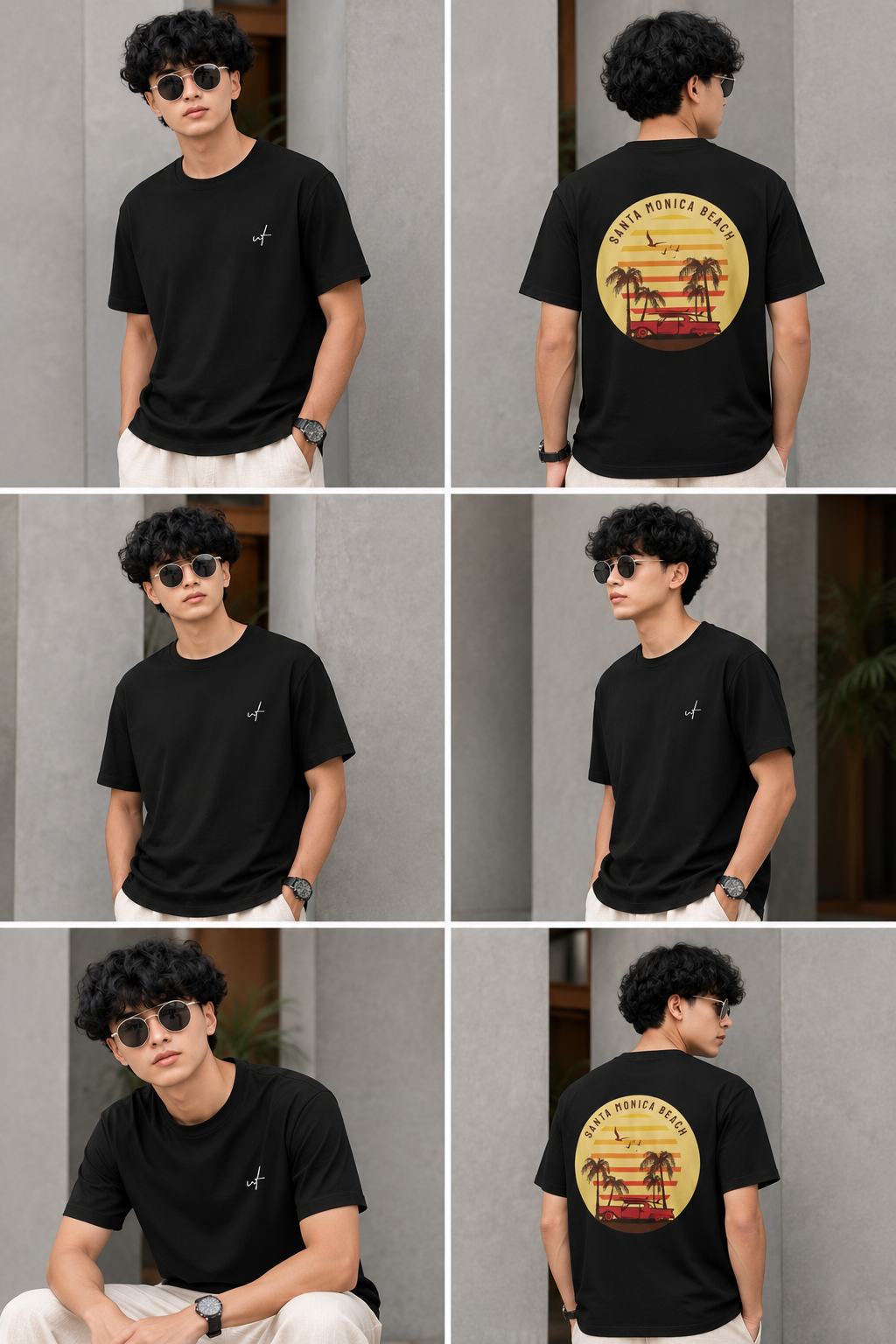 Black Oversized Santa Monica Beach Graphic T-Shirt for Men – Retro Summer Streetwear Tee