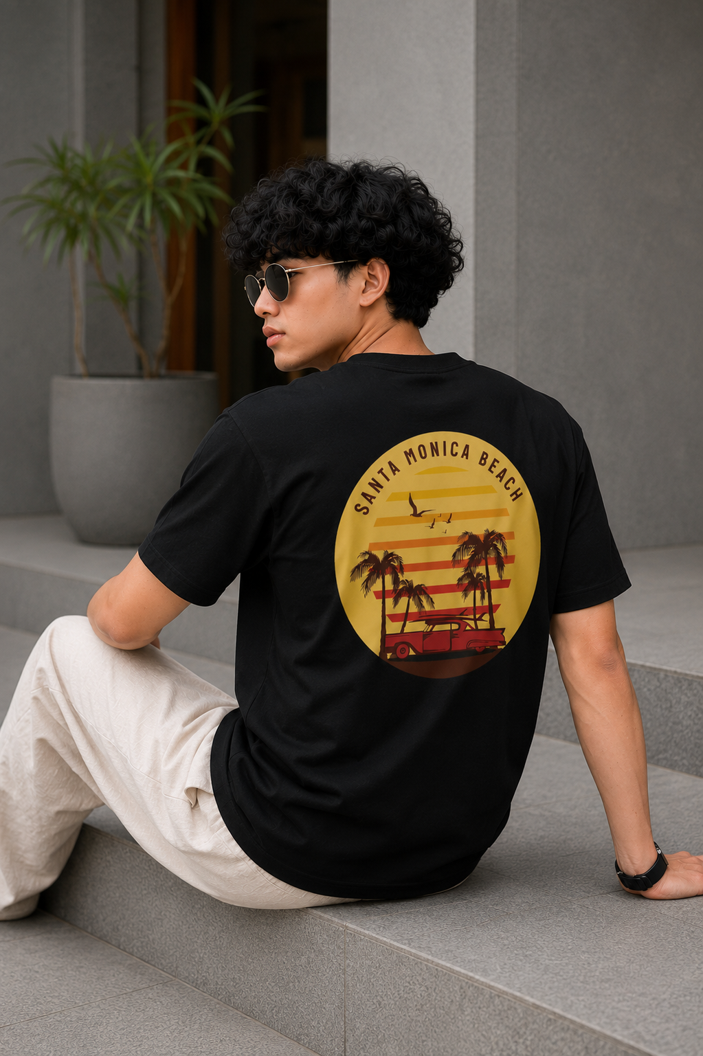 Black Oversized Santa Monica Beach Graphic T-Shirt for Men – Retro Summer Streetwear Tee