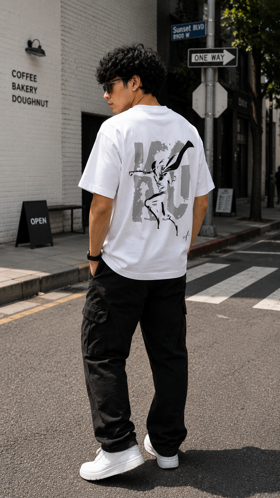 White Oversized Samurai Graphic T-Shirt for Men – Japanese Anime Streetwear Back Print Tee