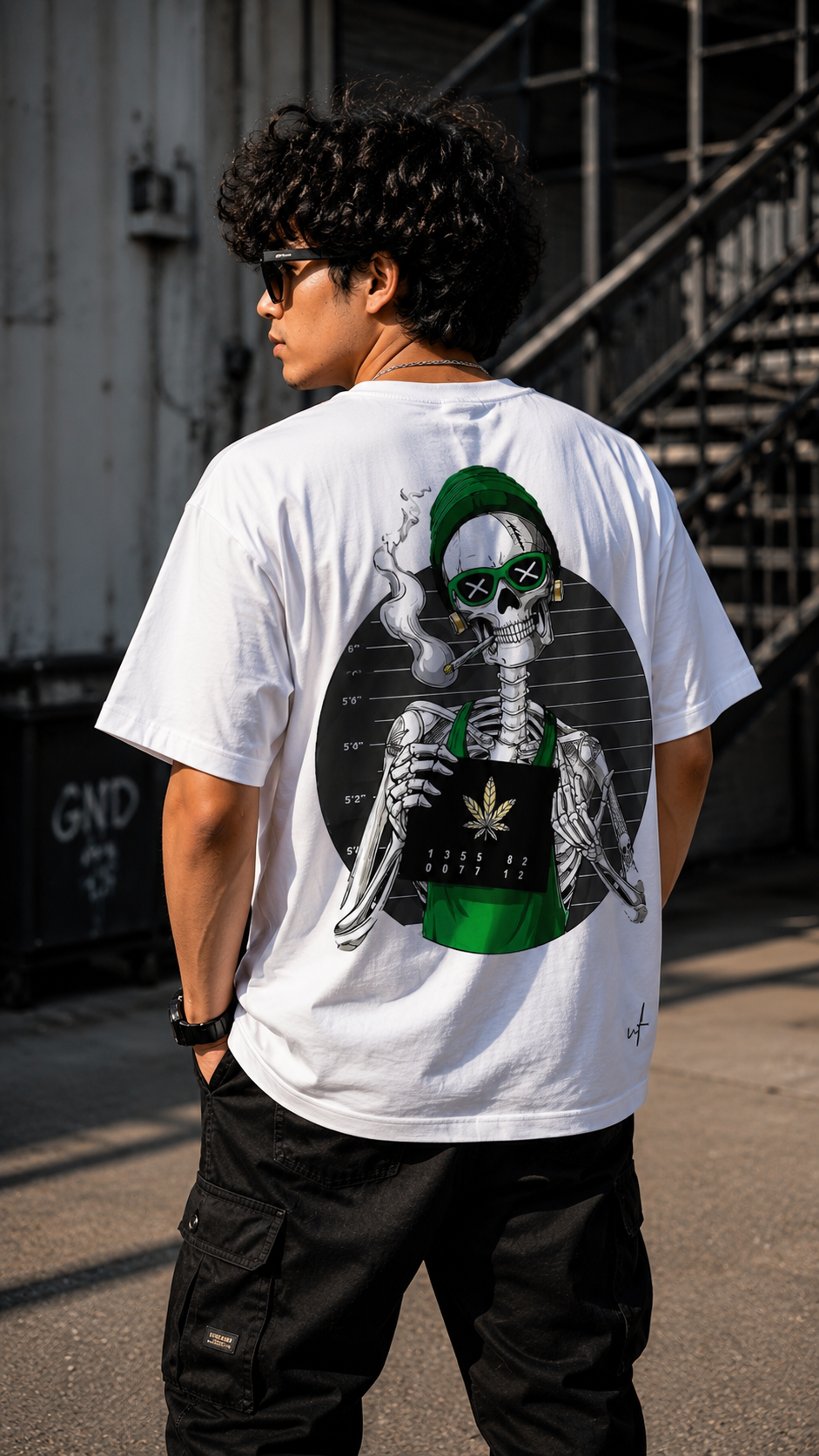 White Oversized Skeleton Graphic T-Shirt for Men – Urban Streetwear Skull Back Print Tee