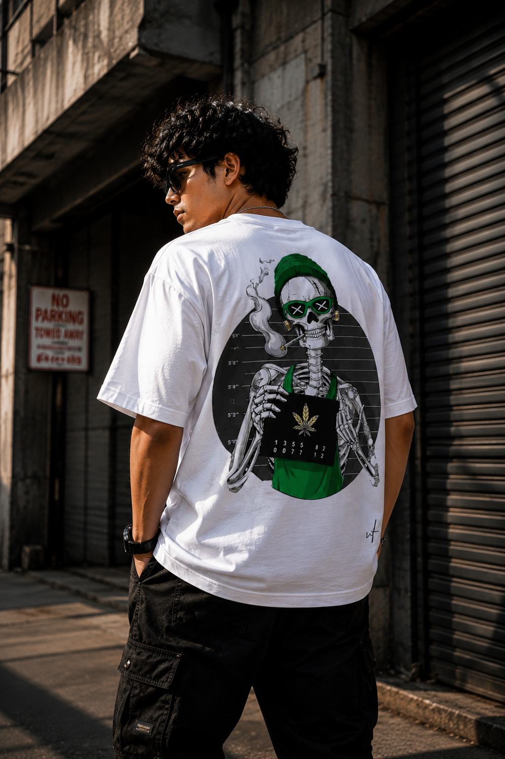 White Oversized Skeleton Graphic T-Shirt for Men – Urban Streetwear Skull Back Print Tee