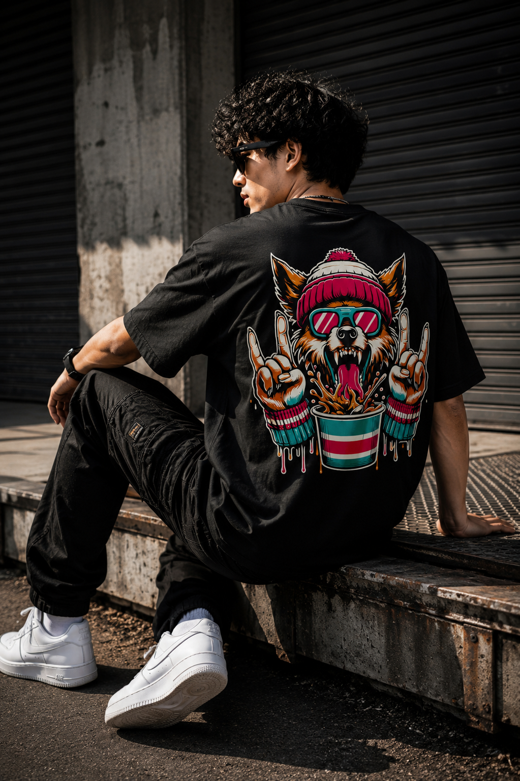 Black Oversized Wolf Graphic T-Shirt for Men – Funky Streetwear Back Print Tee