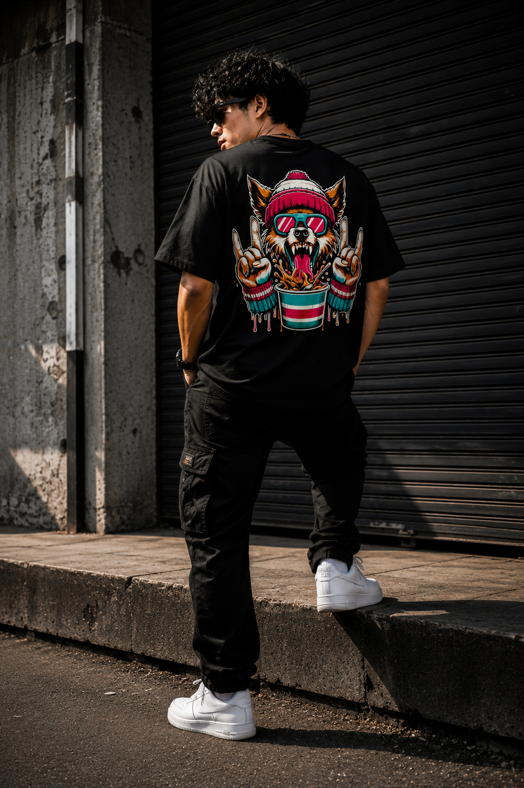 Black Oversized Wolf Graphic T-Shirt for Men – Funky Streetwear Back Print Tee