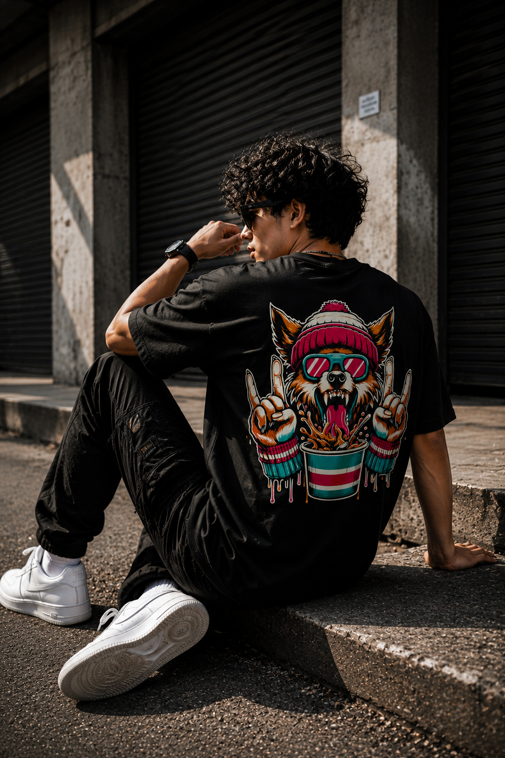 Black Oversized Wolf Graphic T-Shirt for Men – Funky Streetwear Back Print Tee