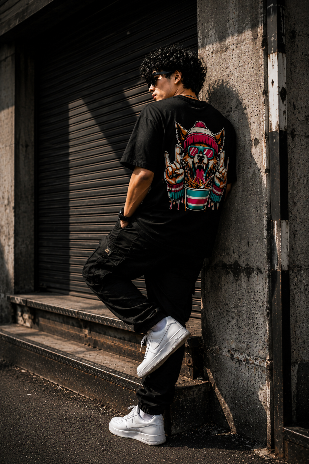 Black Oversized Wolf Graphic T-Shirt for Men – Funky Streetwear Back Print Tee