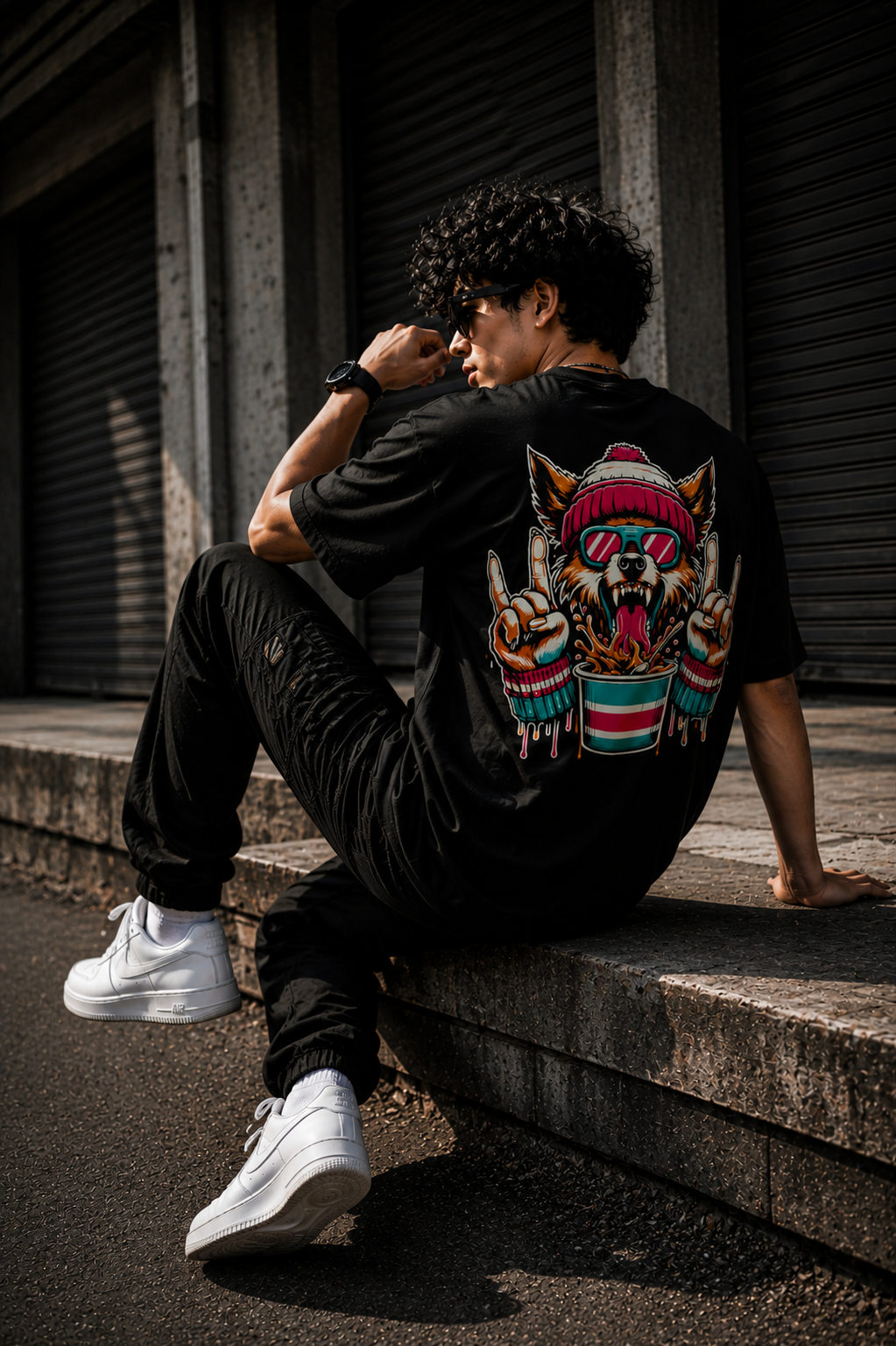Black Oversized Wolf Graphic T-Shirt for Men – Funky Streetwear Back Print Tee