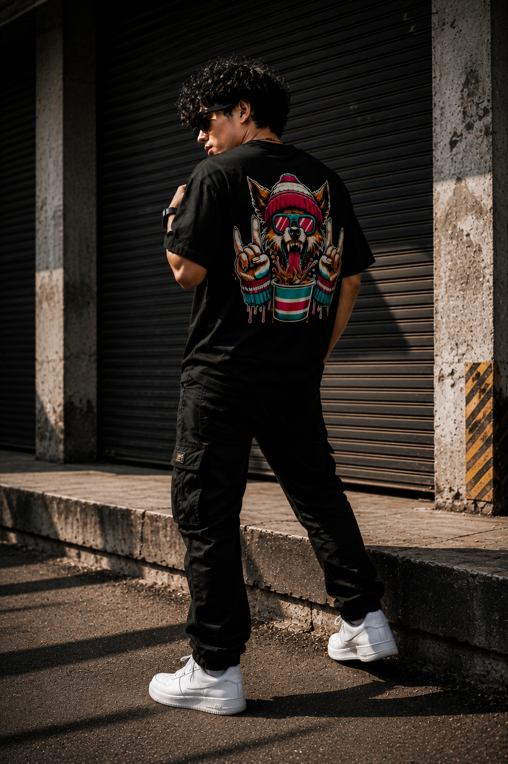 Black Oversized Wolf Graphic T-Shirt for Men – Funky Streetwear Back Print Tee