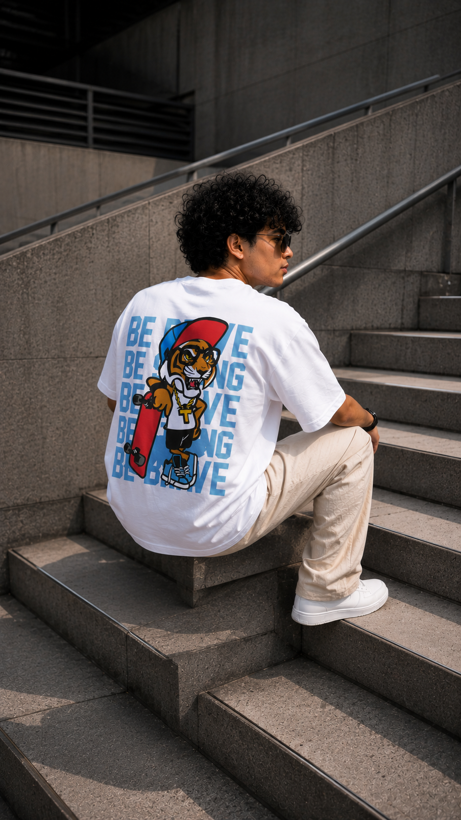 White Oversized Tiger Skateboard Graphic T-Shirt for Men – Urban Streetwear Back Print Tee