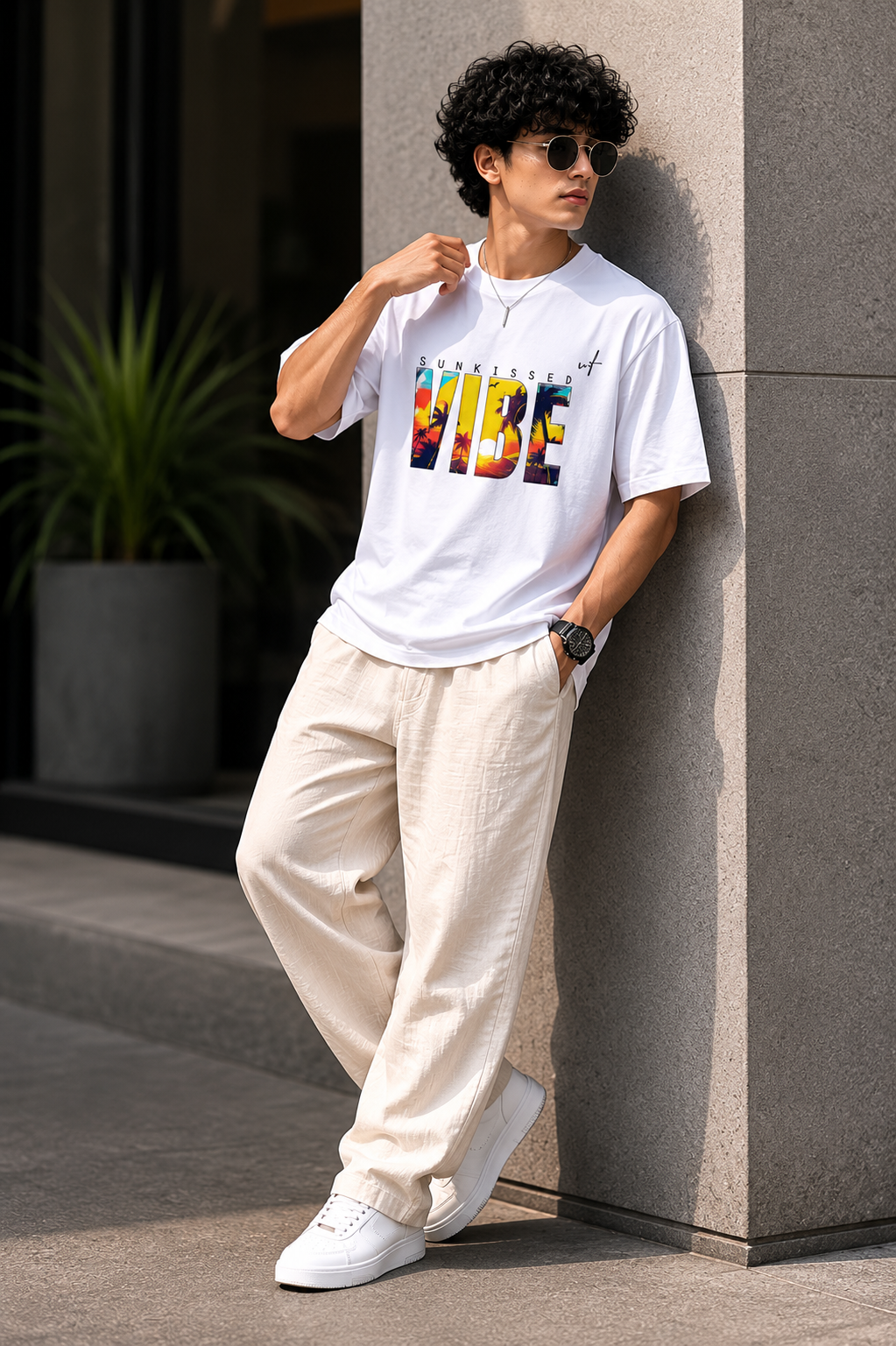 White Oversized VIBE Graphic T-Shirt for Men – Sunkissed Beach Streetwear Tee