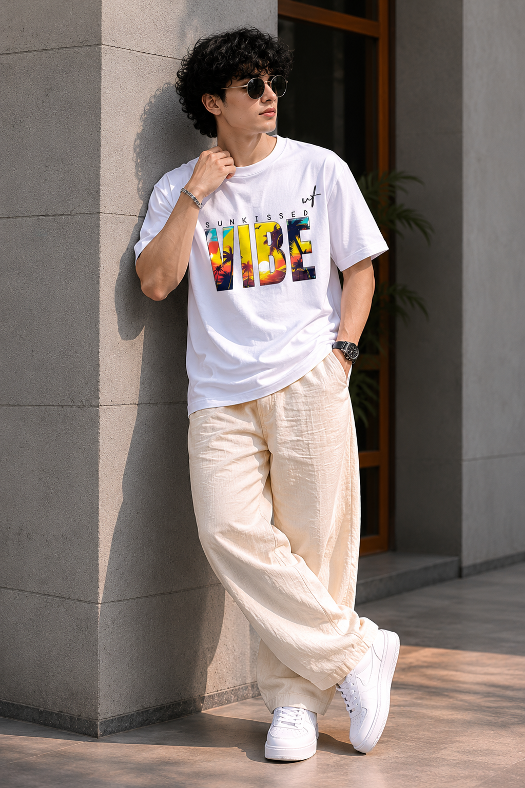 White Oversized VIBE Graphic T-Shirt for Men – Sunkissed Beach Streetwear Tee