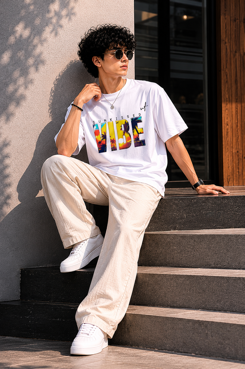 White Oversized VIBE Graphic T-Shirt for Men – Sunkissed Beach Streetwear Tee