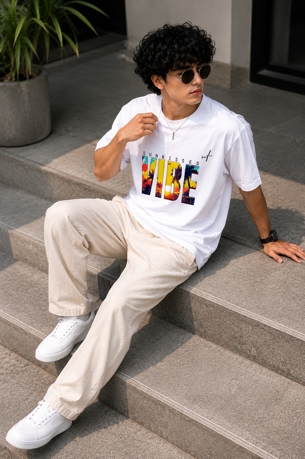 White Oversized VIBE Graphic T-Shirt for Men – Sunkissed Beach Streetwear Tee