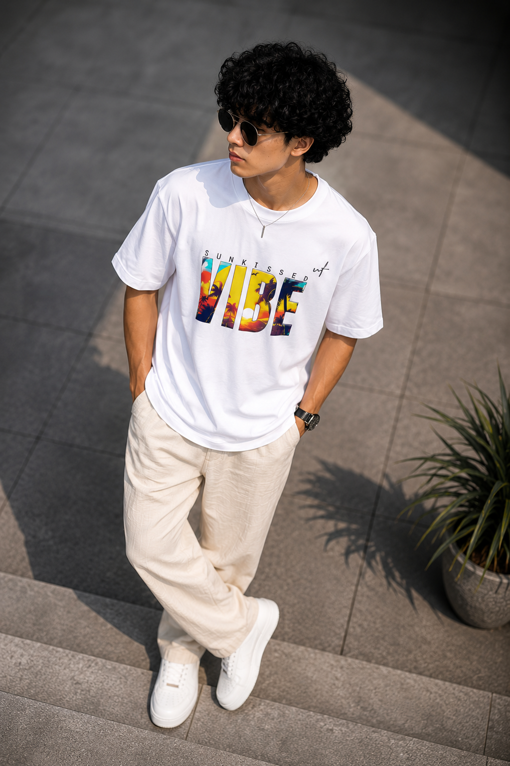 White Oversized VIBE Graphic T-Shirt for Men – Sunkissed Beach Streetwear Tee