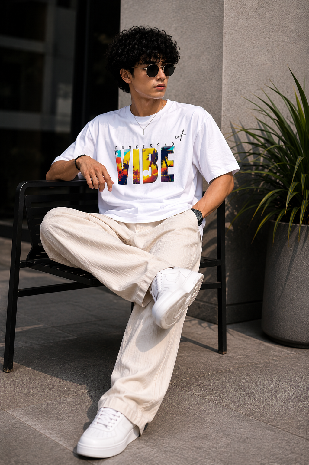 White Oversized VIBE Graphic T-Shirt for Men – Sunkissed Beach Streetwear Tee