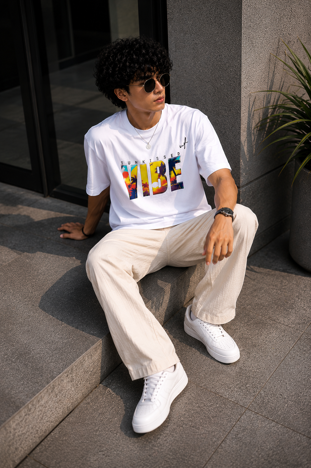 White Oversized VIBE Graphic T-Shirt for Men – Sunkissed Beach Streetwear Tee