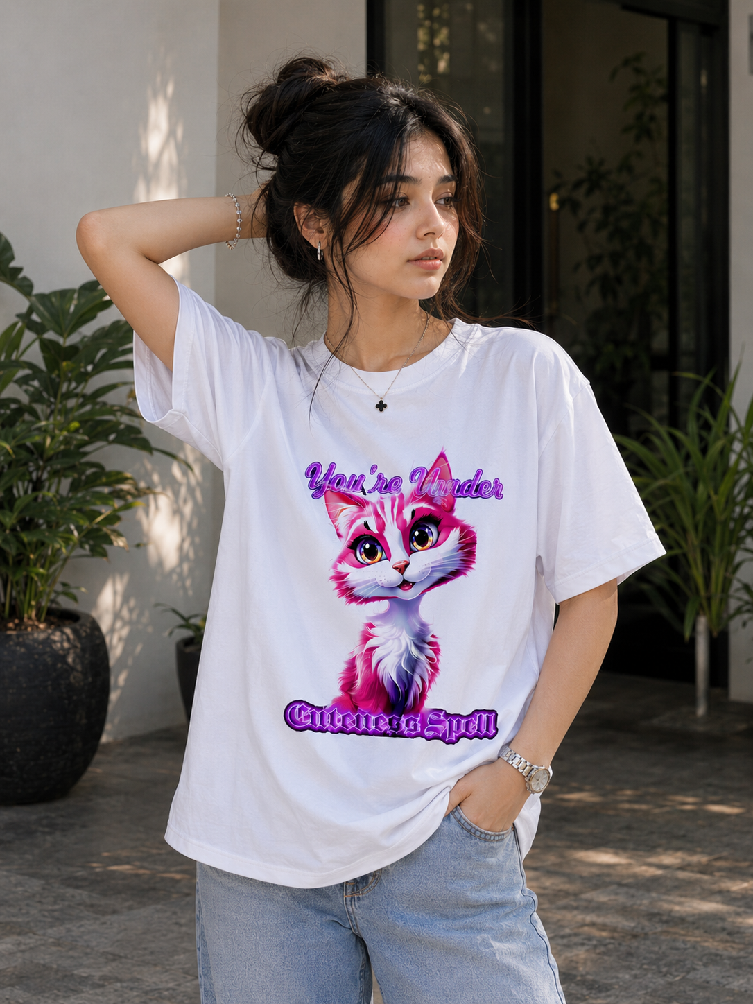 White Oversized Cute Cat Graphic T-Shirt for Women – Aesthetic Streetwear Tee