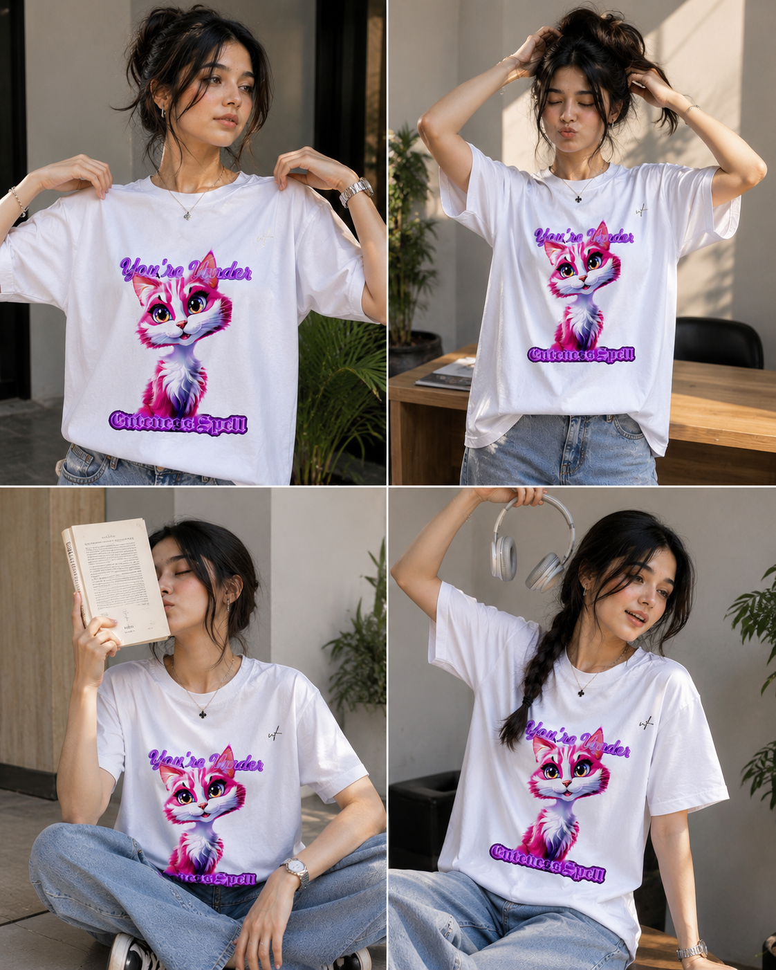 White Oversized Cute Cat Graphic T-Shirt for Women – Aesthetic Streetwear Tee