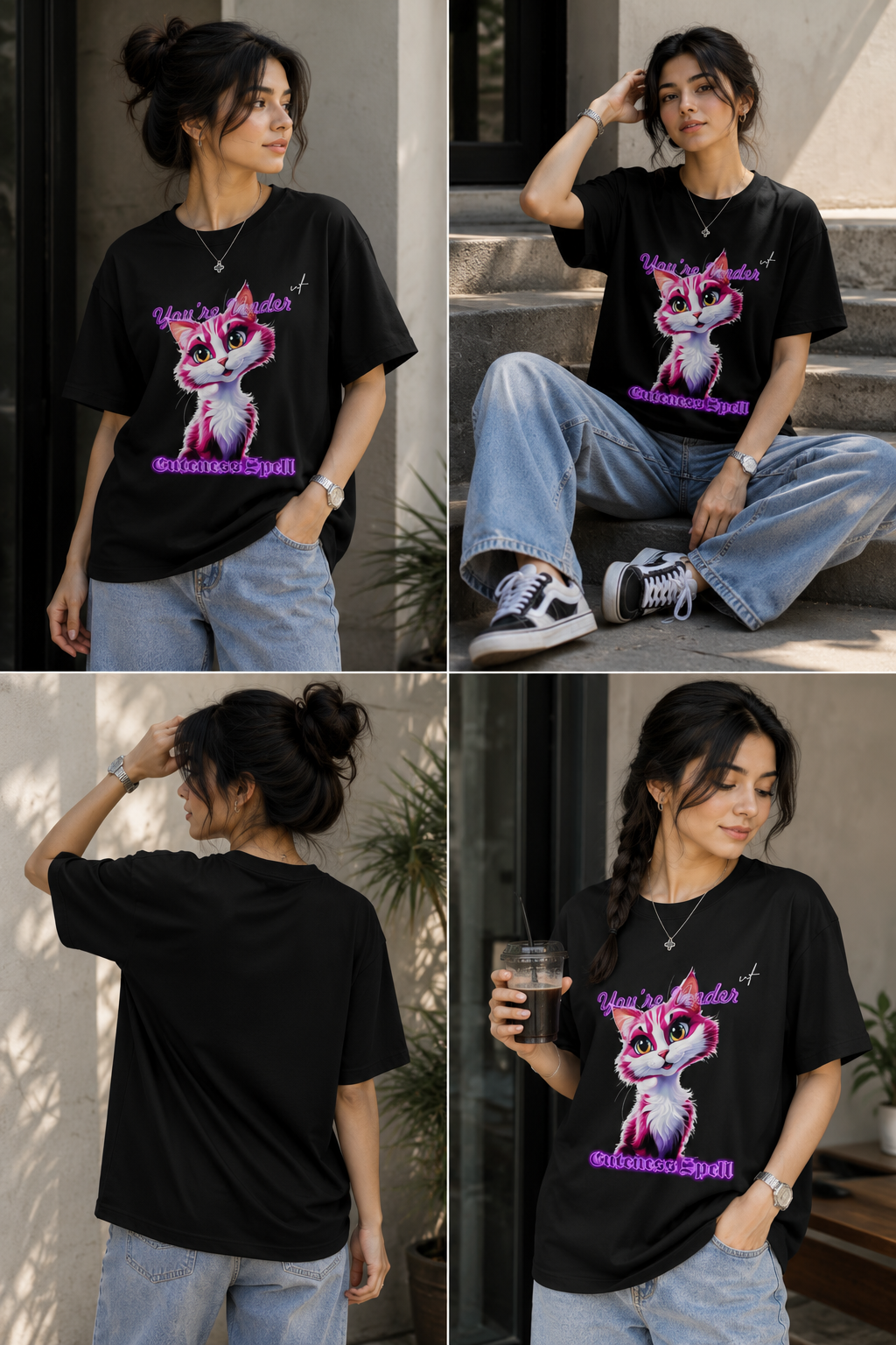 Black Oversized Cute Cat Graphic T-Shirt for Women – Aesthetic Korean Streetwear Tee