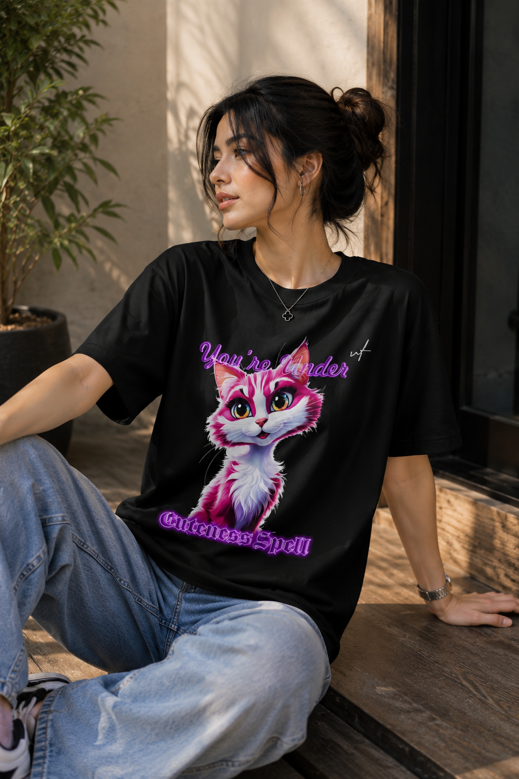 Black Oversized Cute Cat Graphic T-Shirt for Women – Aesthetic Korean Streetwear Tee