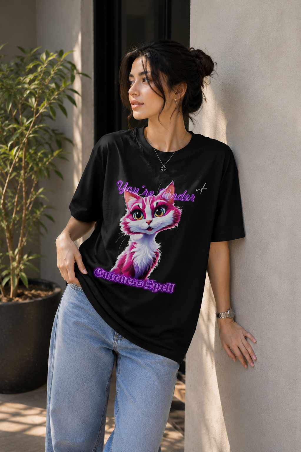 Black Oversized Cute Cat Graphic T-Shirt for Women – Aesthetic Korean Streetwear Tee
