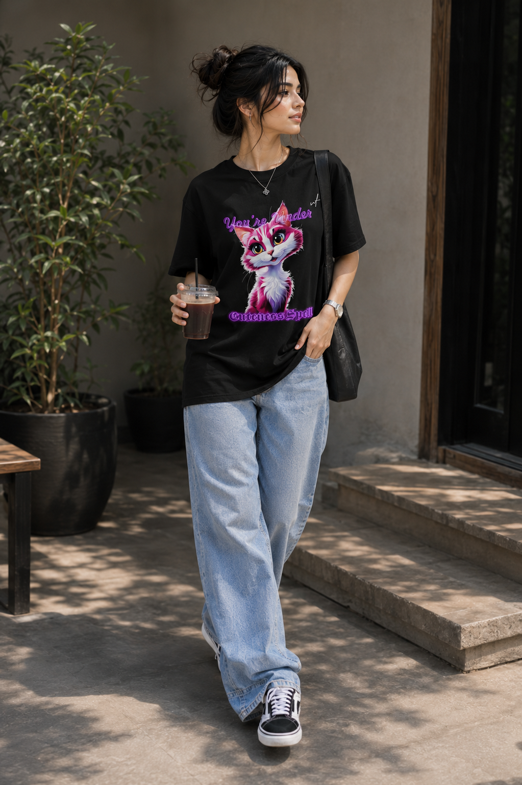 Black Oversized Cute Cat Graphic T-Shirt for Women – Aesthetic Korean Streetwear Tee