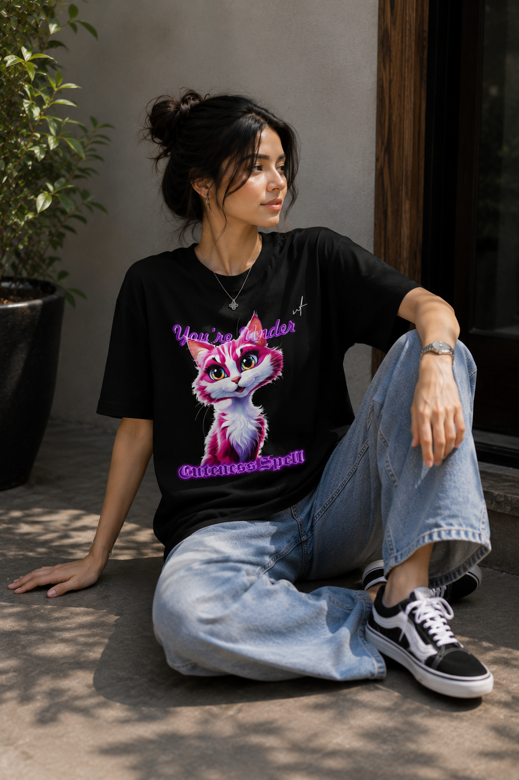 Black Oversized Cute Cat Graphic T-Shirt for Women – Aesthetic Korean Streetwear Tee