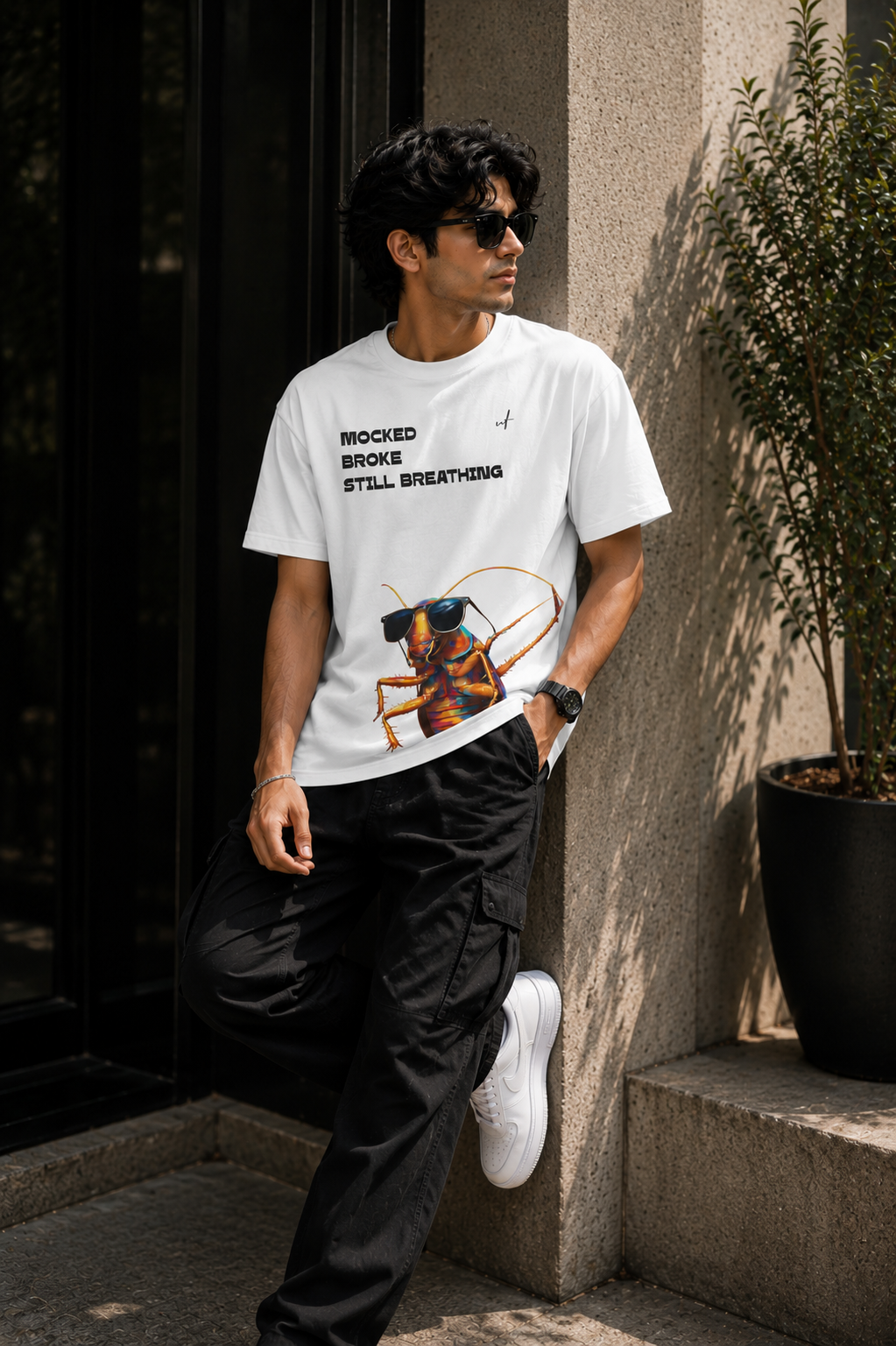 White Oversized Cockroach Graphic T-Shirt for Men – Mocked Broke Still Breathing Streetwear Tee