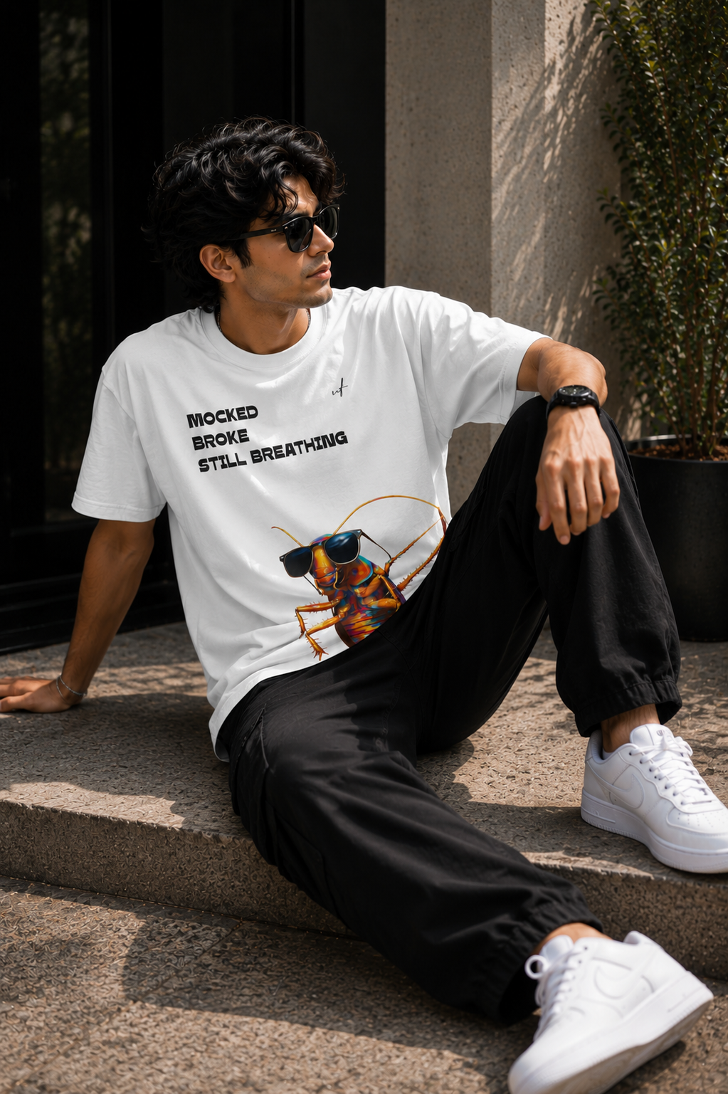 White Oversized Cockroach Graphic T-Shirt for Men – Mocked Broke Still Breathing Streetwear Tee