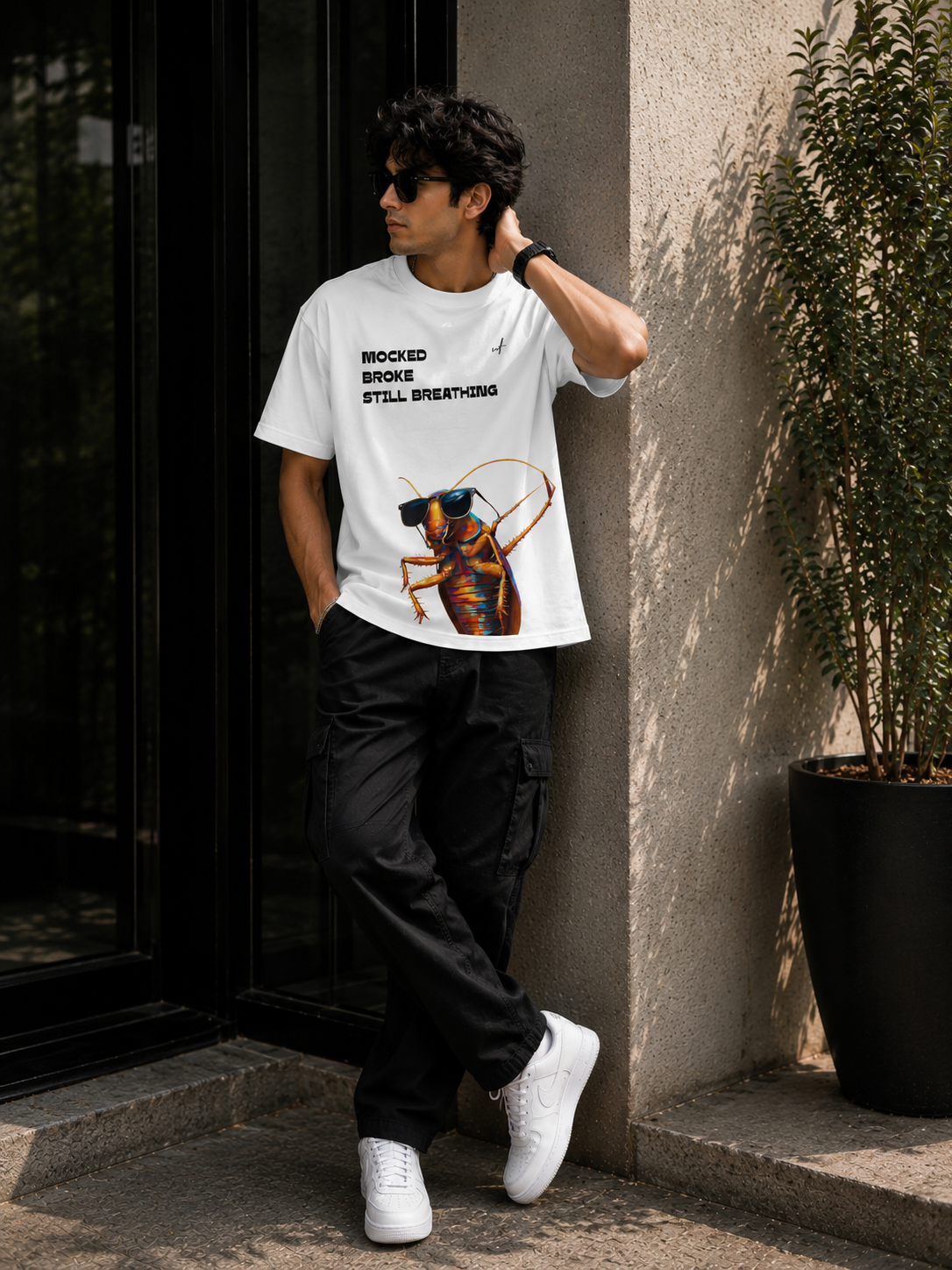 White Oversized Cockroach Graphic T-Shirt for Men – Mocked Broke Still Breathing Streetwear Tee