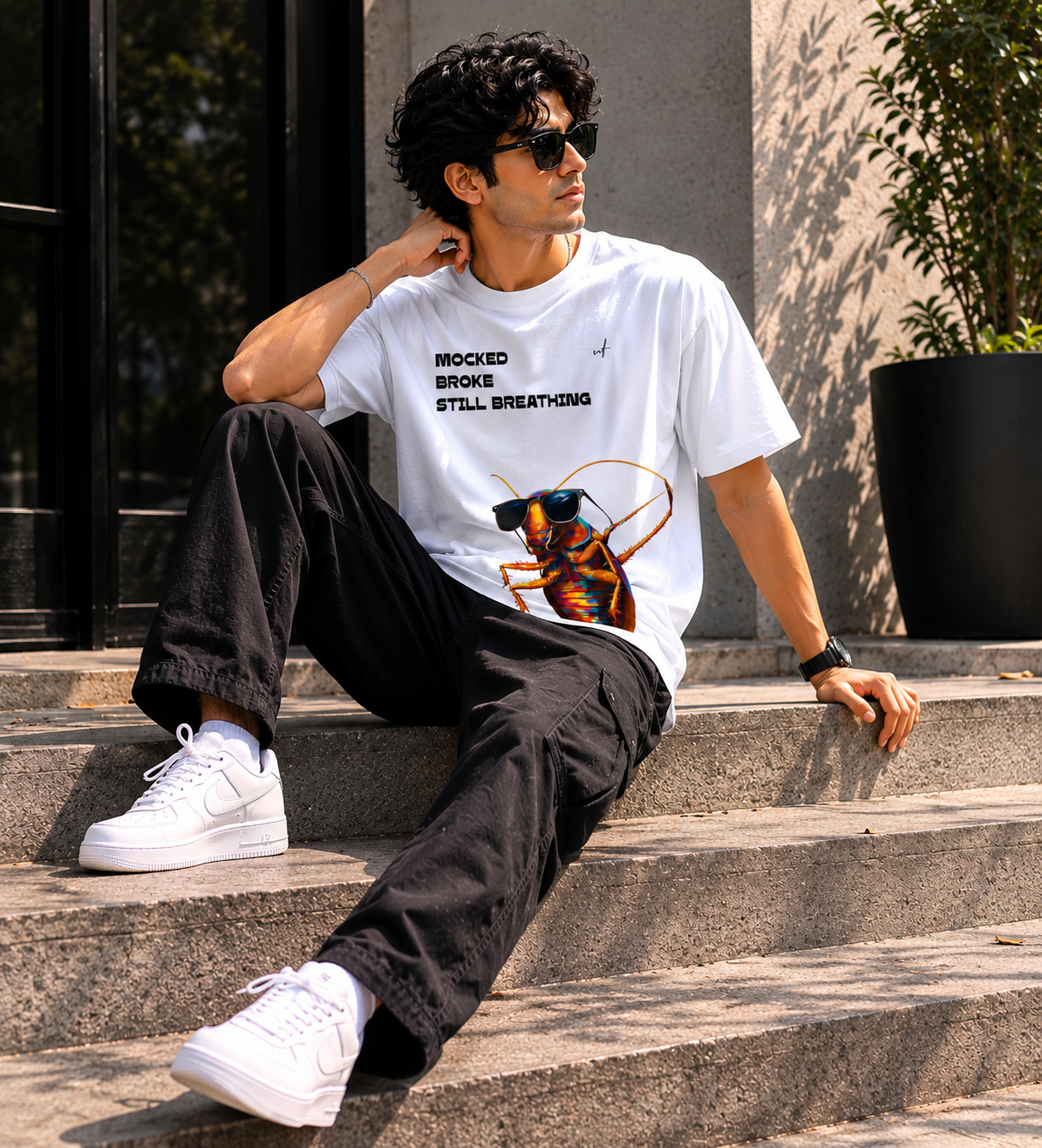 White Oversized Cockroach Graphic T-Shirt for Men – Mocked Broke Still Breathing Streetwear Tee