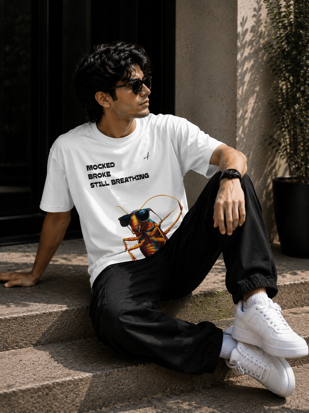 White Oversized Cockroach Graphic T-Shirt for Men – Mocked Broke Still Breathing Streetwear Tee