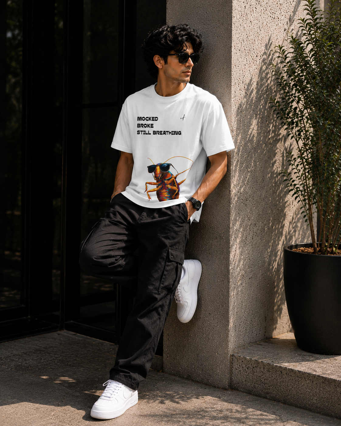 White Oversized Cockroach Graphic T-Shirt for Men – Mocked Broke Still Breathing Streetwear Tee