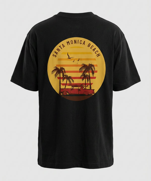 Santa Monica Beach Oversized T-Shirt for Men | Vintage Sunset Graphic Tee | Black & White