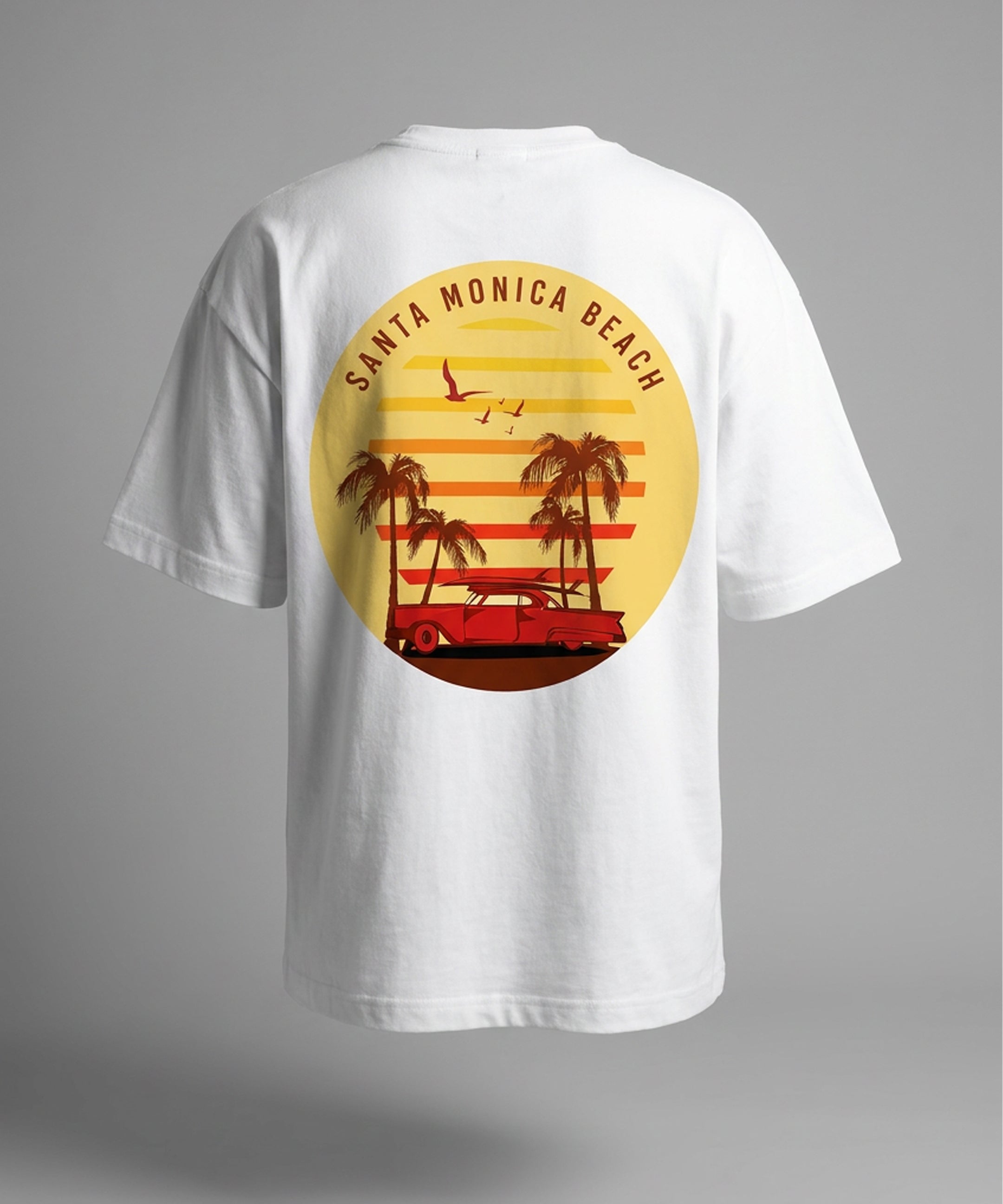Santa Monica Beach Oversized T-Shirt for Men | Vintage Sunset Graphic Tee | Black & White