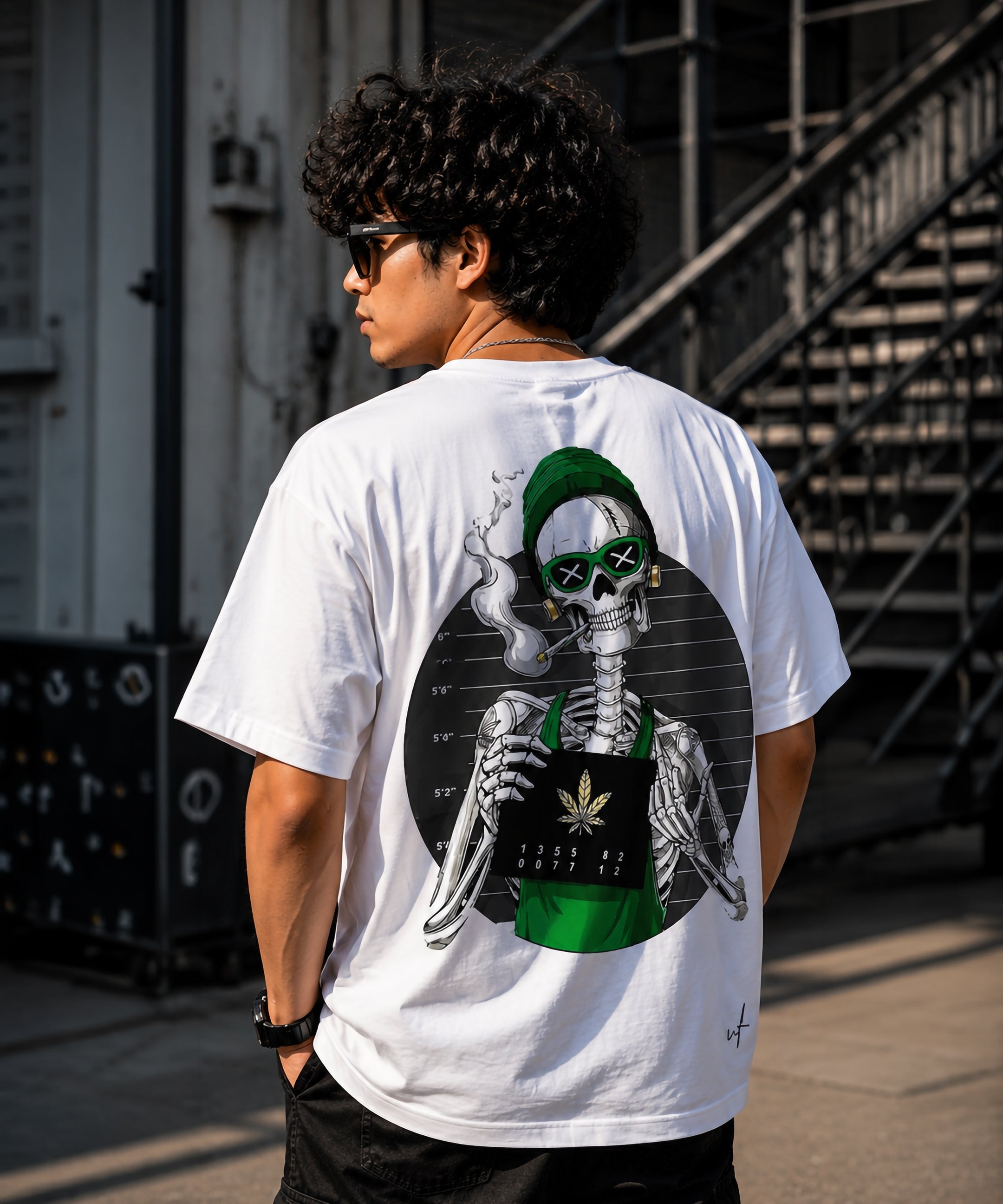 Skeleton Graphic Oversized T-Shirt for Men | Streetwear Back Print Tee | Black & White