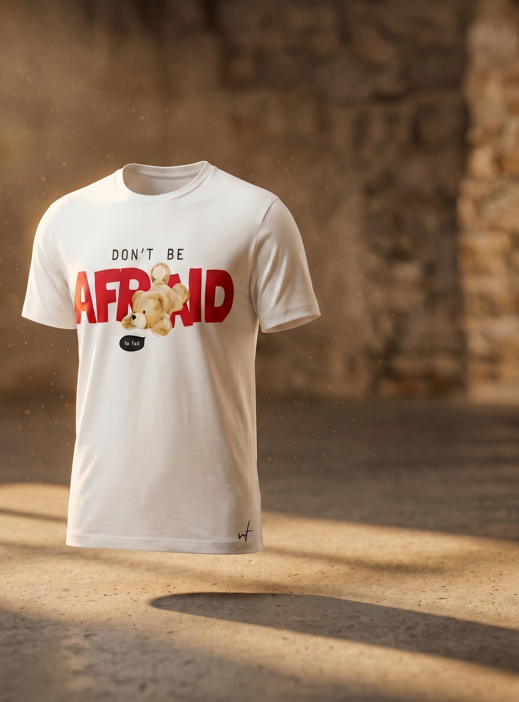 Don’t Be Afraid Graphic White T-Shirt for Men | Cute Teddy Streetwear Tee